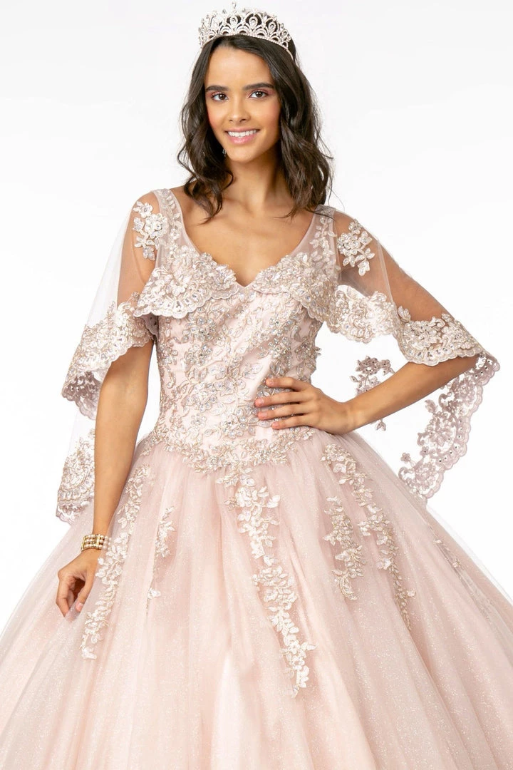 Applique Glitter V-Neck Ball Gown With Cape By Elizabeth K GL2800 5 Applique Glitter V-Neck Ball Gown With Cape By Elizabeth K GL2800