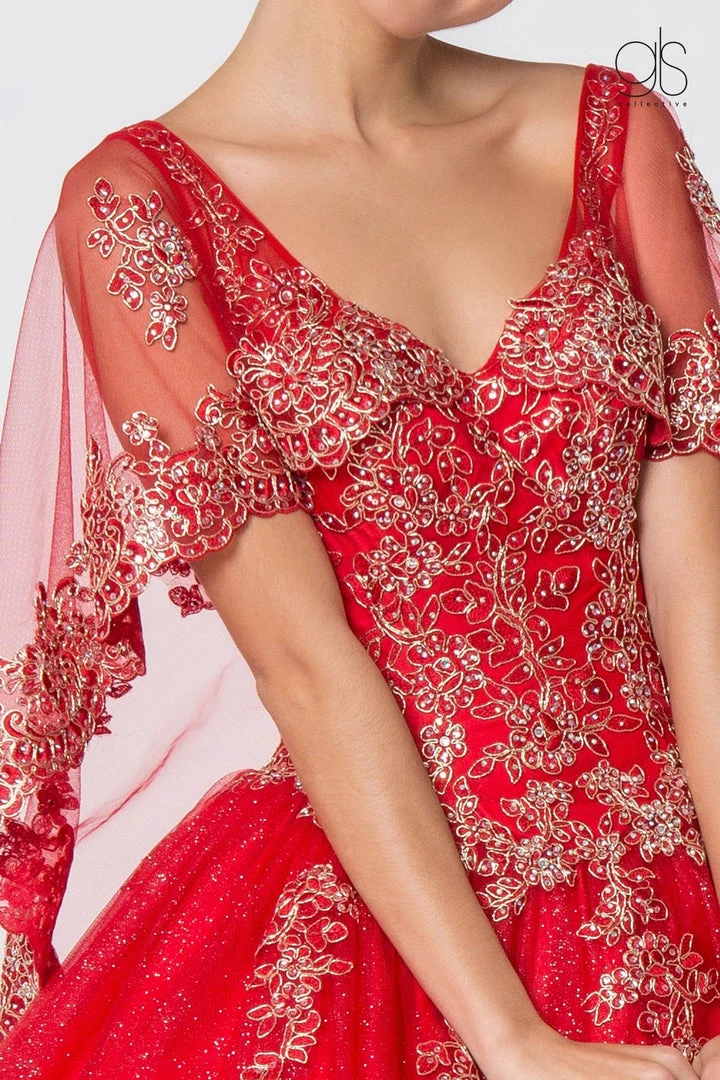 Applique Glitter V-Neck Ball Gown With Cape By Elizabeth K GL2800 11 Applique Glitter V-Neck Ball Gown With Cape By Elizabeth K GL2800