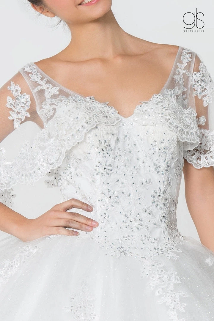 Applique Glitter V-Neck Ball Gown With Cape By Elizabeth K GL2800 16 Applique Glitter V-Neck Ball Gown With Cape By Elizabeth K GL2800