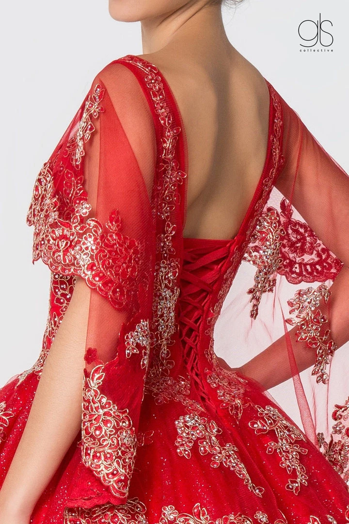 Applique Glitter V-Neck Ball Gown With Cape By Elizabeth K GL2800 12 Applique Glitter V-Neck Ball Gown With Cape By Elizabeth K GL2800