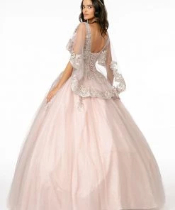Applique Glitter V-Neck Ball Gown With Cape By Elizabeth K GL2800