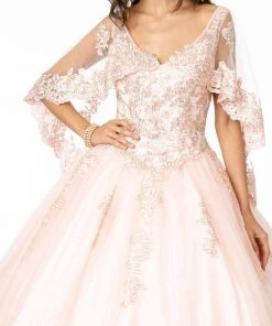 Applique Glitter V-Neck Ball Gown With Cape By Elizabeth K GL2800 28 Applique Glitter V-Neck Ball Gown With Cape By Elizabeth K GL2800