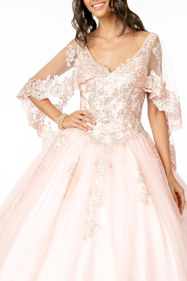 Applique Glitter V-Neck Ball Gown With Cape By Elizabeth K GL2800 14 Applique Glitter V-Neck Ball Gown With Cape By Elizabeth K GL2800