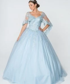 Applique Glitter V-Neck Ball Gown With Cape By Elizabeth K GL2800 22 Applique Glitter V-Neck Ball Gown With Cape By Elizabeth K GL2800
