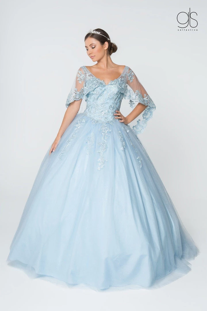 Applique Glitter V-Neck Ball Gown With Cape By Elizabeth K GL2800 8 Applique Glitter V-Neck Ball Gown With Cape By Elizabeth K GL2800