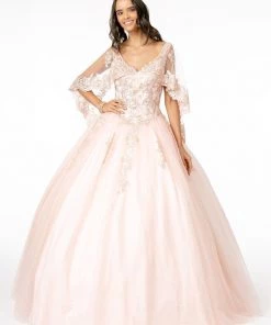 Applique Glitter V-Neck Ball Gown With Cape By Elizabeth K GL2800 27 Applique Glitter V-Neck Ball Gown With Cape By Elizabeth K GL2800
