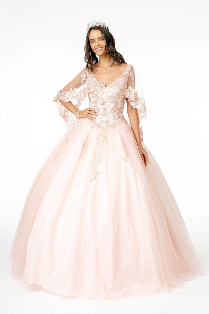 Applique Glitter V-Neck Ball Gown With Cape By Elizabeth K GL2800 13 Applique Glitter V-Neck Ball Gown With Cape By Elizabeth K GL2800