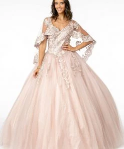 Applique Glitter V-Neck Ball Gown With Cape By Elizabeth K GL2800