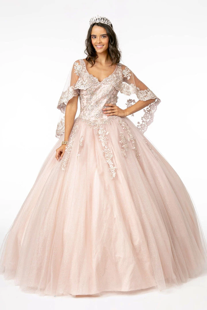 Applique Glitter V-Neck Ball Gown With Cape By Elizabeth K GL2800 3 Applique Glitter V-Neck Ball Gown With Cape By Elizabeth K GL2800
