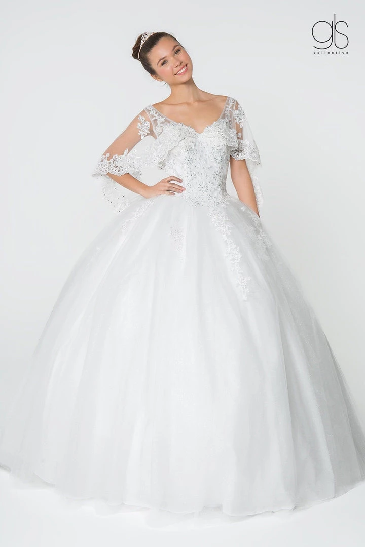 Applique Glitter V-Neck Ball Gown With Cape By Elizabeth K GL2800 15 Applique Glitter V-Neck Ball Gown With Cape By Elizabeth K GL2800