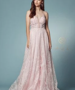 Applique Long Sleeveless A-line Dress By Nox Anabel T1009 Prom