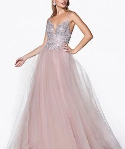 Applique Long V-Neck Dress By Cinderella Divine CD0128