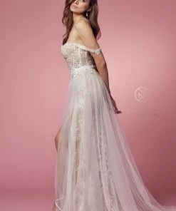 Applique Off Shoulder Tulle Gown By Nox Anabel E441