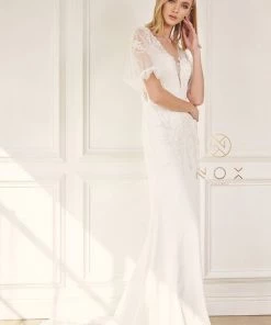 Applique Short Sleeve Wedding Gown By Nox Anabel JE927