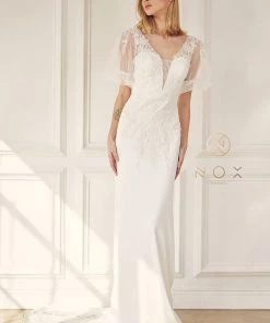 Applique Short Sleeve Wedding Gown By Nox Anabel JE927
