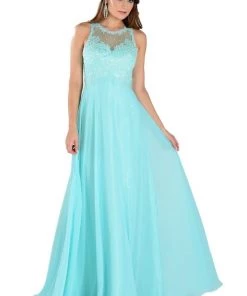 Aqua Long Chiffon Dress With Lace Applique Top By Poly USA