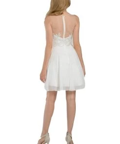 Aqua Short Chiffon Dress With Lace Applique Bodice By Poly USA Prom