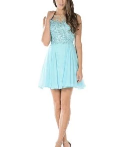 Aqua Short Chiffon Dress With Lace Applique Bodice By Poly USA Prom