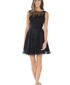 Aqua Short Chiffon Dress With Lace Applique Bodice By Poly USA Prom