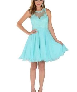 Prom Aqua Short Chiffon Dress With Lace Applique Top By Poly USA