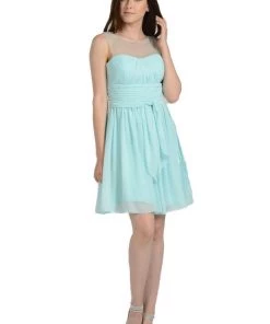 Aqua Short Sleeveless Illusion Dress With Bow By Poly USA