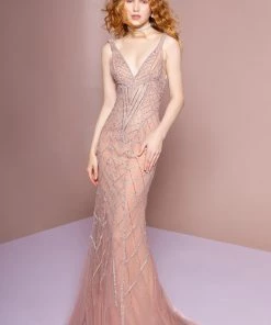 Elizabeth K Bead Embellished V-Neck Trumpet Dress By GLS Gloria GL2701 Prom