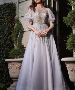 Prom Beaded 3/4 Sleeve Tulle Gown By Cinderella Divine B707