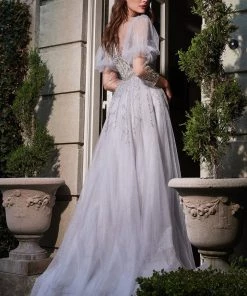Prom Beaded 3/4 Sleeve Tulle Gown By Cinderella Divine B707