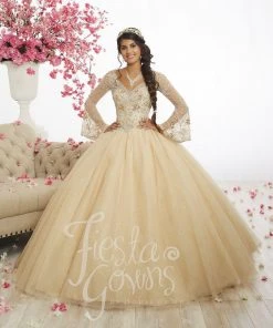 House Of Wu Fiesta Gowns Beaded Bell Sleeve Quinceanera Dress By Fiesta Gowns 56346