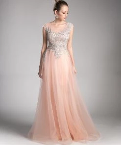 Beaded Cap Sleeve Tulle Gown By Cinderella Divine 8992 Prom