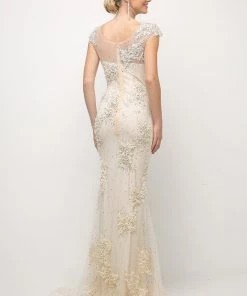 Beaded Cap Sleeve Trumpet Dress By Cinderella Divine 8983 Prom