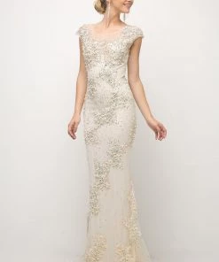Beaded Cap Sleeve Trumpet Dress By Cinderella Divine 8983 Prom