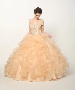 Ruffled Cold Shoulder Ball Gown By Juliet 1421 23 Ruffled Cold Shoulder Ball Gown By Juliet 1421