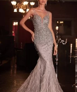 Beaded Feather Mermaid Gown By Cinderella Divine B718 Prom