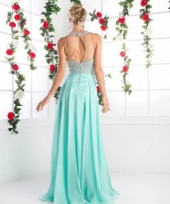 Beaded Halter Chiffon Gown By Cinderella Divine 8107