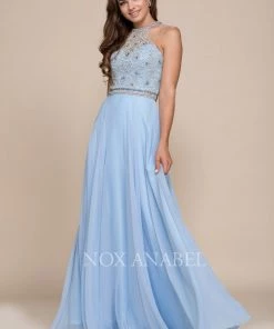 Beaded Illusion Long Halter Dress By Nox Anabel 8295