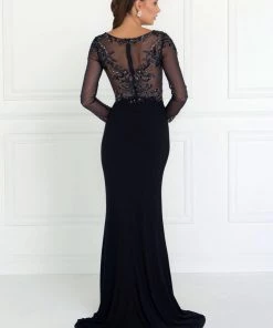 Prom Beaded Illusion Long Sleeve Burgundy Gown By Elizabeth K GL1506