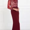Prom Beaded Illusion Long Sleeve Burgundy Gown By Elizabeth K GL1506 1 Prom Beaded Illusion Long Sleeve Burgundy Gown By Elizabeth K GL1506