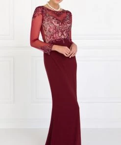 Prom Beaded Illusion Long Sleeve Burgundy Gown By Elizabeth K GL1506