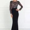 Beaded Illusion Long Sleeve Navy Gown By Elizabeth K GL1506