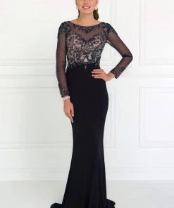 Beaded Illusion Long Sleeve Navy Gown By Elizabeth K GL1506
