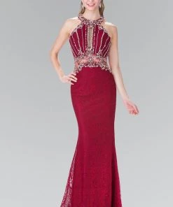Beaded Lace Halter Dress With Illusion Waistline By Elizabeth K GL2275 Prom
