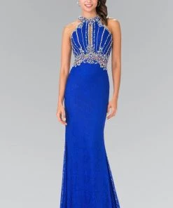 Beaded Lace Halter Dress With Illusion Waistline By Elizabeth K GL2275 Prom