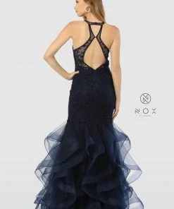 Prom Beaded Lace Halter Mermaid Dress With Ruffled Tulle Skirt By Nox Anabel M189 12 Prom Beaded Lace Halter Mermaid Dress With Ruffled Tulle Skirt By Nox Anabel M189