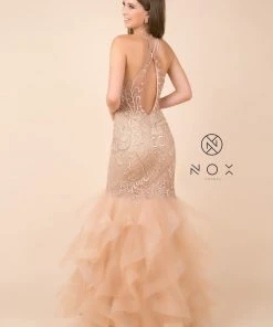 Prom Beaded Lace Halter Mermaid Dress With Ruffled Tulle Skirt By Nox Anabel M189