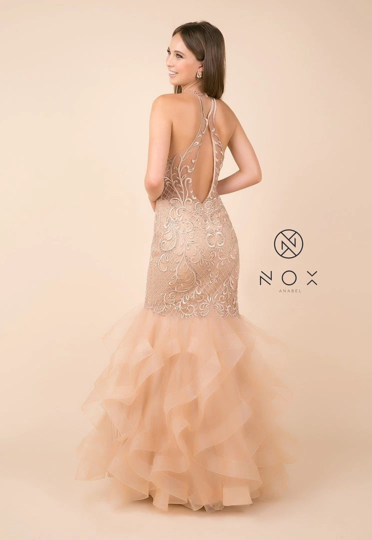 Prom Beaded Lace Halter Mermaid Dress With Ruffled Tulle Skirt By Nox Anabel M189 4 Prom Beaded Lace Halter Mermaid Dress With Ruffled Tulle Skirt By Nox Anabel M189