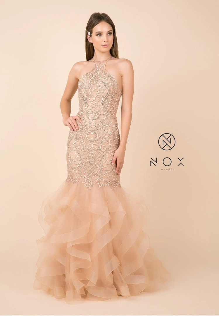 Prom Beaded Lace Halter Mermaid Dress With Ruffled Tulle Skirt By Nox Anabel M189 3 Prom Beaded Lace Halter Mermaid Dress With Ruffled Tulle Skirt By Nox Anabel M189