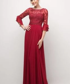 Beaded Lace Mid-Sleeve Gown By Cinderella Divine CR781 Prom