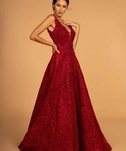 Elizabeth K Prom Beaded Lace V-Neck Dress With Long A-line Skirt By GLS Gloria GL2566