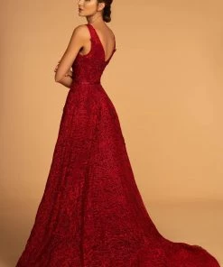 Elizabeth K Prom Beaded Lace V-Neck Dress With Long A-line Skirt By GLS Gloria GL2566